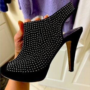 Black suede, silver studded peep toe stiletto